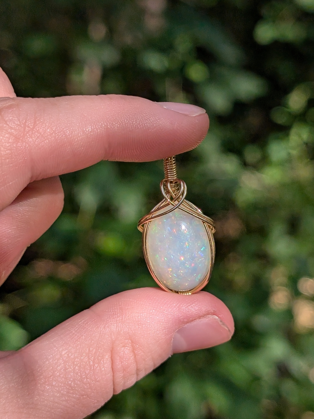 Gold Wire-Wrapped White Opal Pendant Necklace